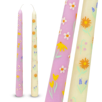 Floral Printed Pale Yellow & Pink Dinner Candles