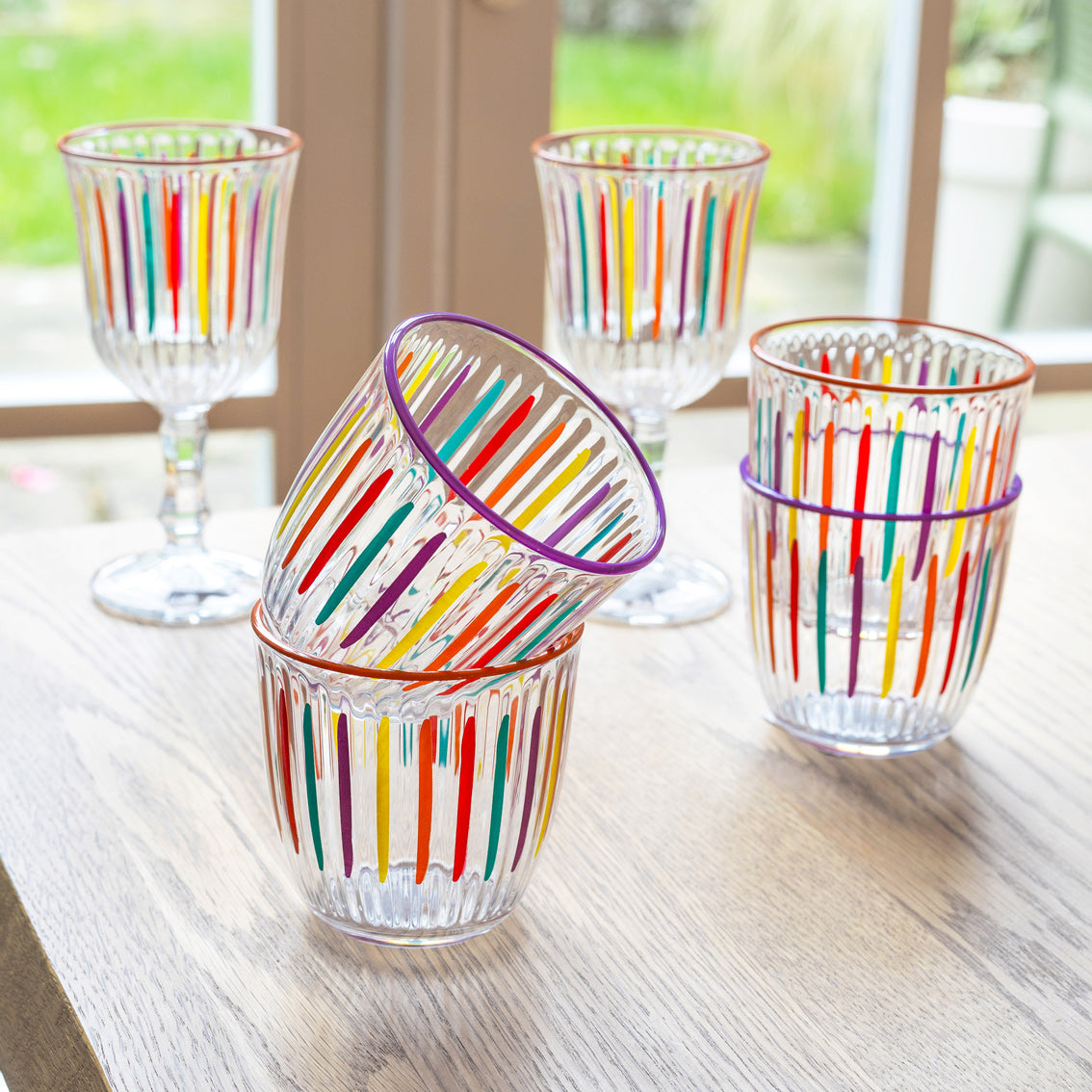 Bright Striped Multi-Coloured Wine Glasses - 6 Pack