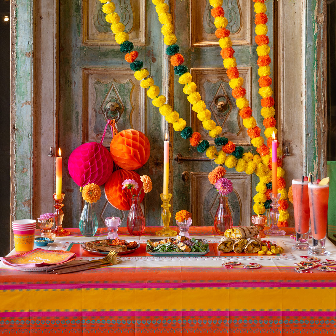 Diwali Orange, Pink & Yellow Paper Table Cover