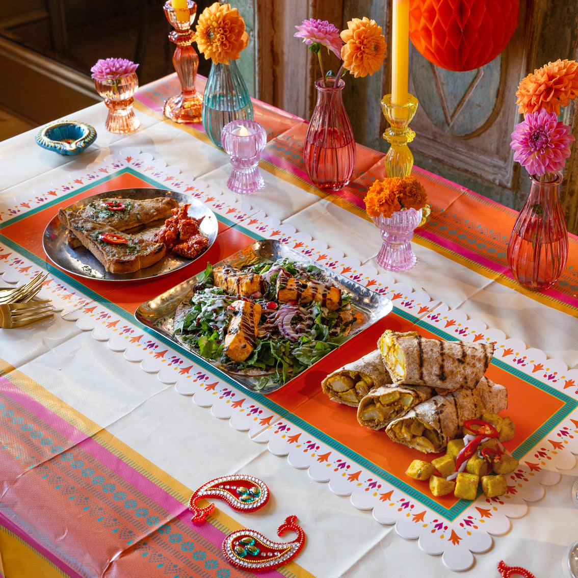 Diwali Orange, Pink & Yellow Paper Table Cover