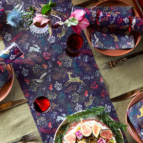 Woodland Flora & Fauna Dark Blue Table Runner - 2m