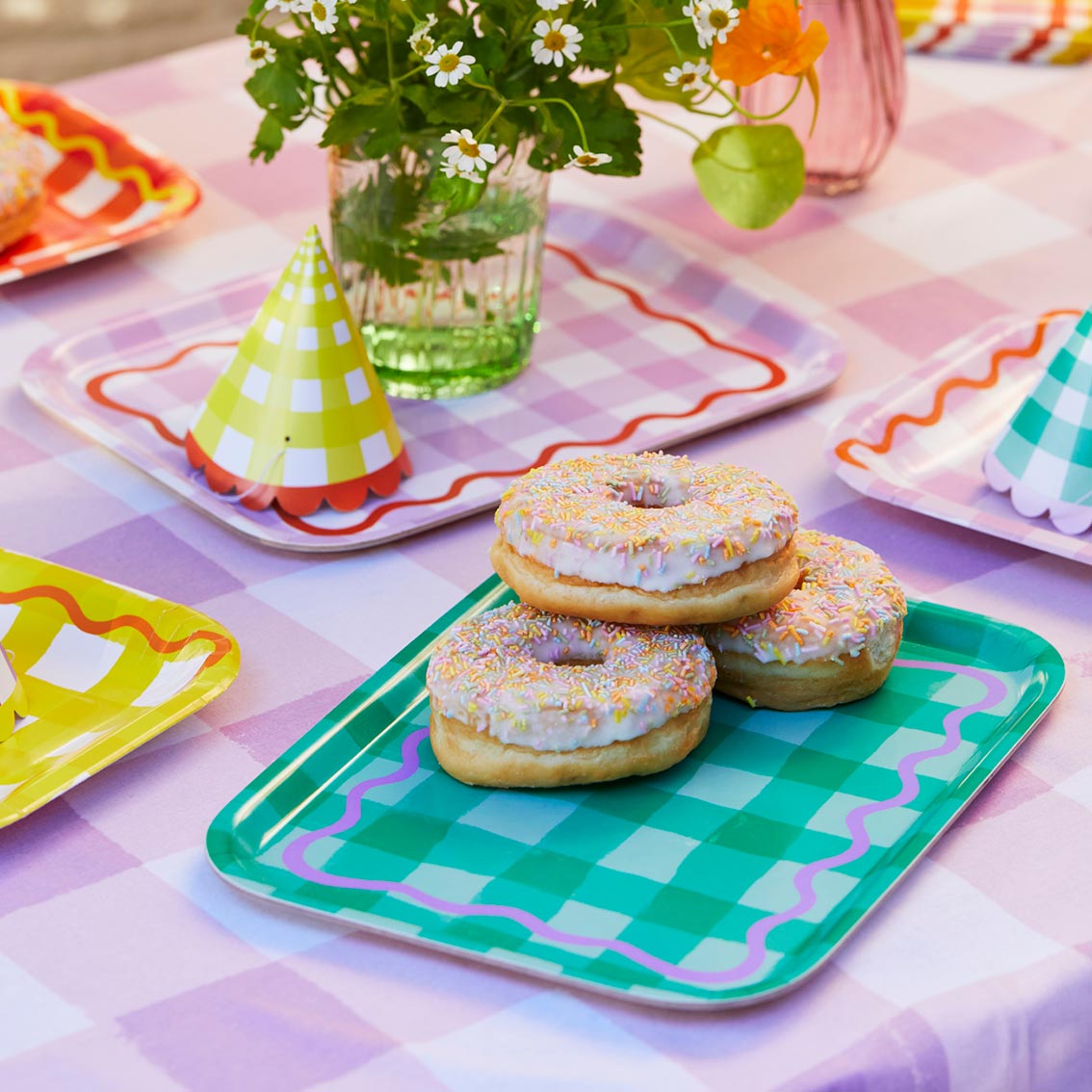 Green Gingham Wooden Serving Tray