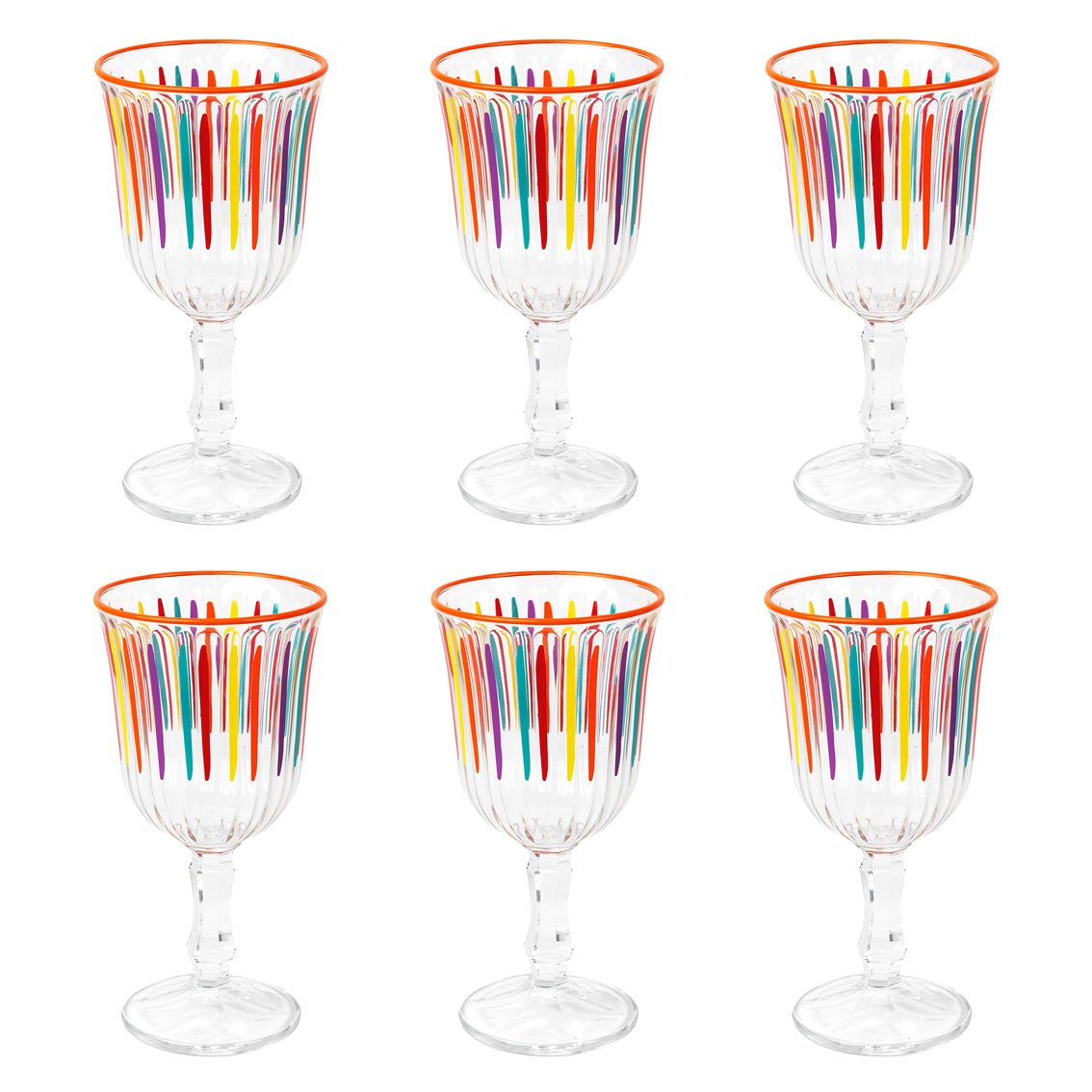 Bright Striped Multi-Coloured Wine Glasses - 6 Pack